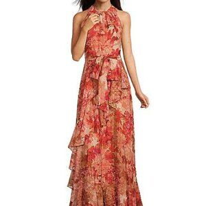 Alex Marie formal red and metallic sleeveless ruffle floral dress, Sz 6, EUC